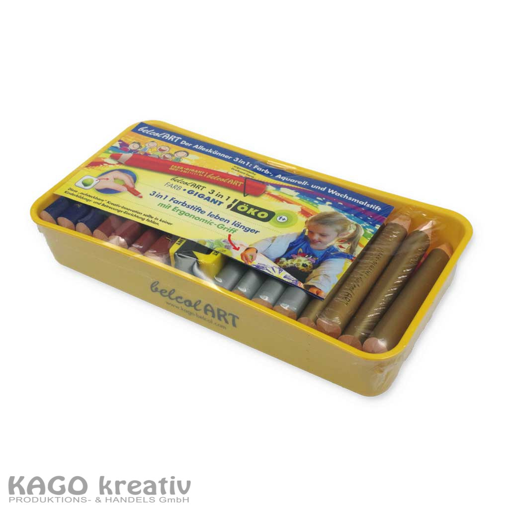 belcolART 3 in1 ÖKO FARB GIGANT, 4 x 12 Farben in der praktischen Stiftebox mit Spitzer