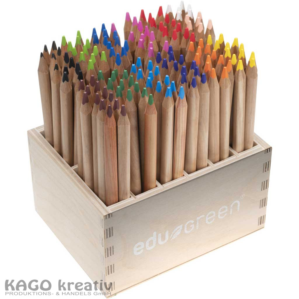 edu³ Holzbuntstifte dreikant, 144 Stifte in der Holzbox, 5mm Mine, naturbelassen