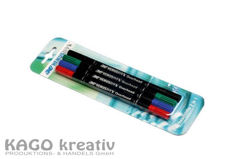 Overhead Permanent-Marker 4er Etui Doppelfaser, rot, blau, grün, schwarz