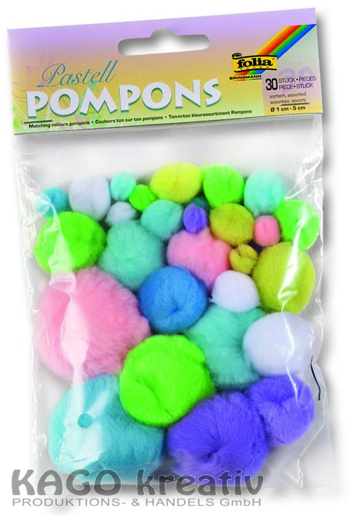 Pompons, 30 Stück, Größen sortiert Pastell sortiert