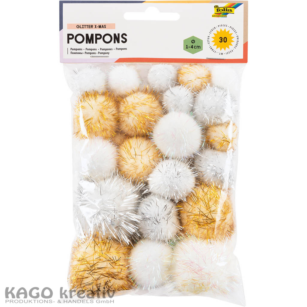 Pompons, 30 Stück, Größen sortiert GLITTER X-MAS