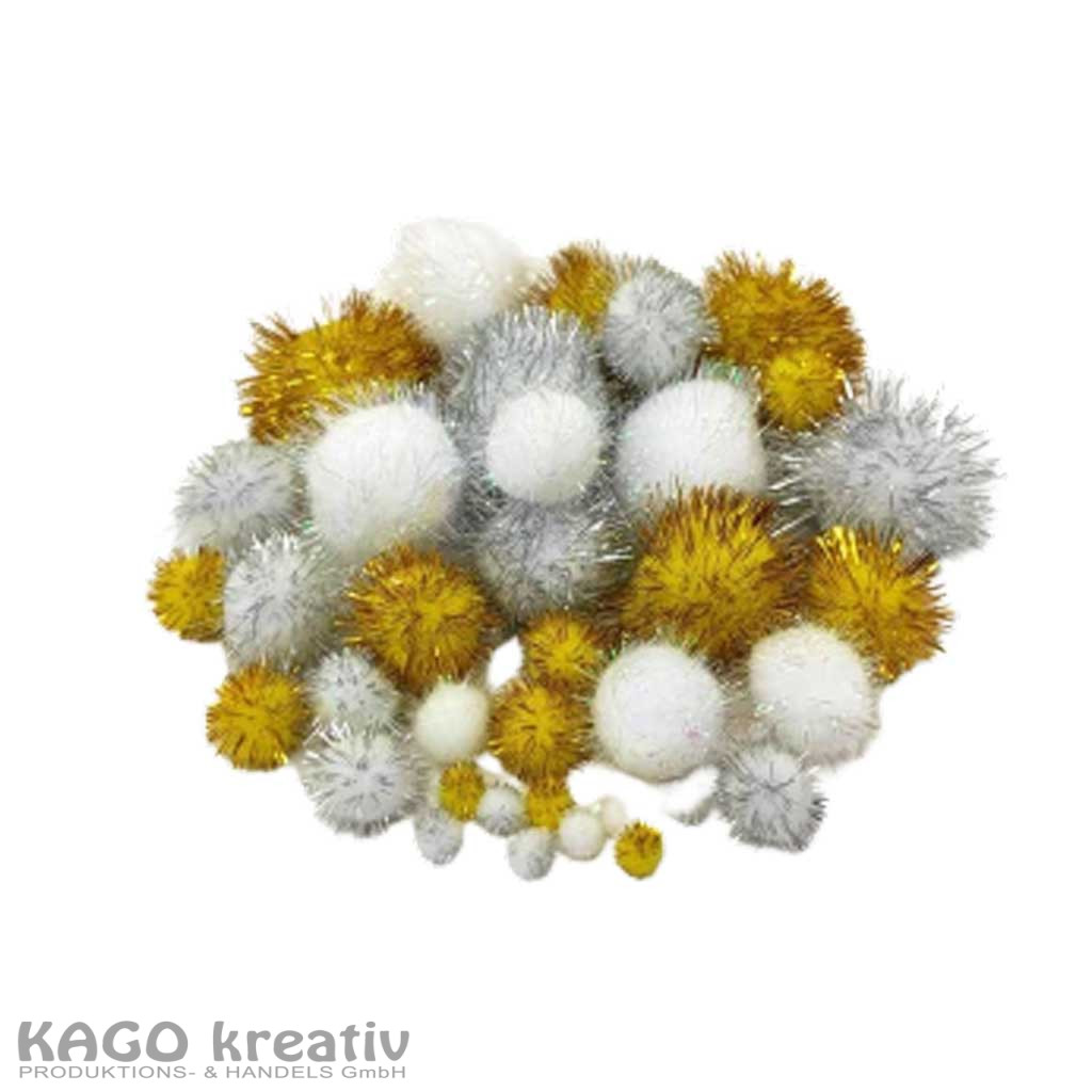 Pompons, 100 Stück GLITTER X-MAS Größe 10 mm - 40 mm sortiert in weiß, silber, gold