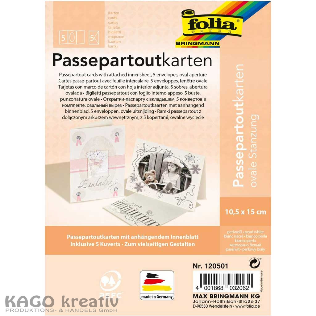 Passepartouts 220g/m², ovale Stanzung 10,5x15cm,5 Karten+Kuverts, perlweiß