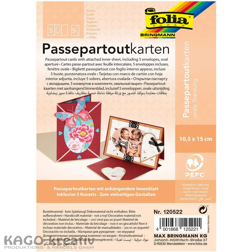 Passepartouts 220g/m², ovale Stanzung 10,5x15cm,5 Karten+Kuverts, dunkelrot