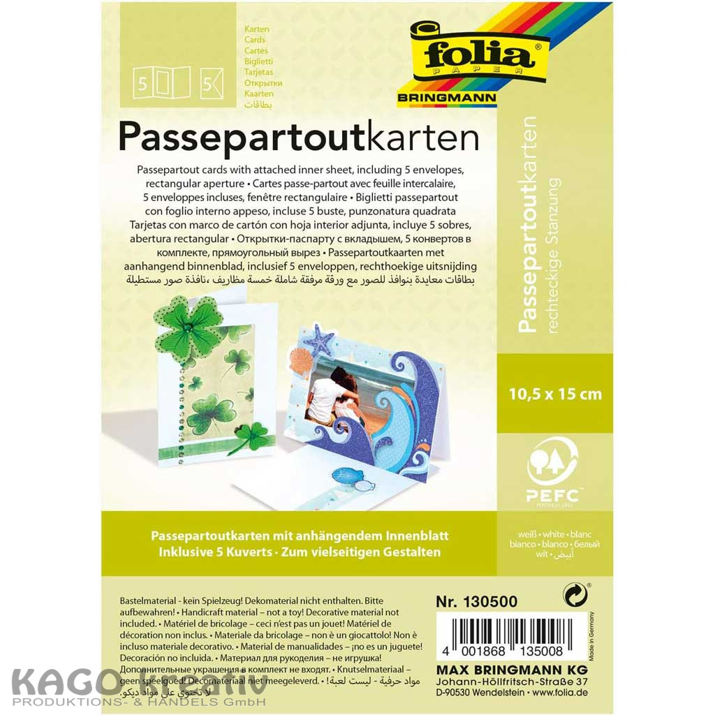 Passepartouts 220g/m², rechteck Stanzung 10,5x15cm,5 Karten+Kuverts, weiß