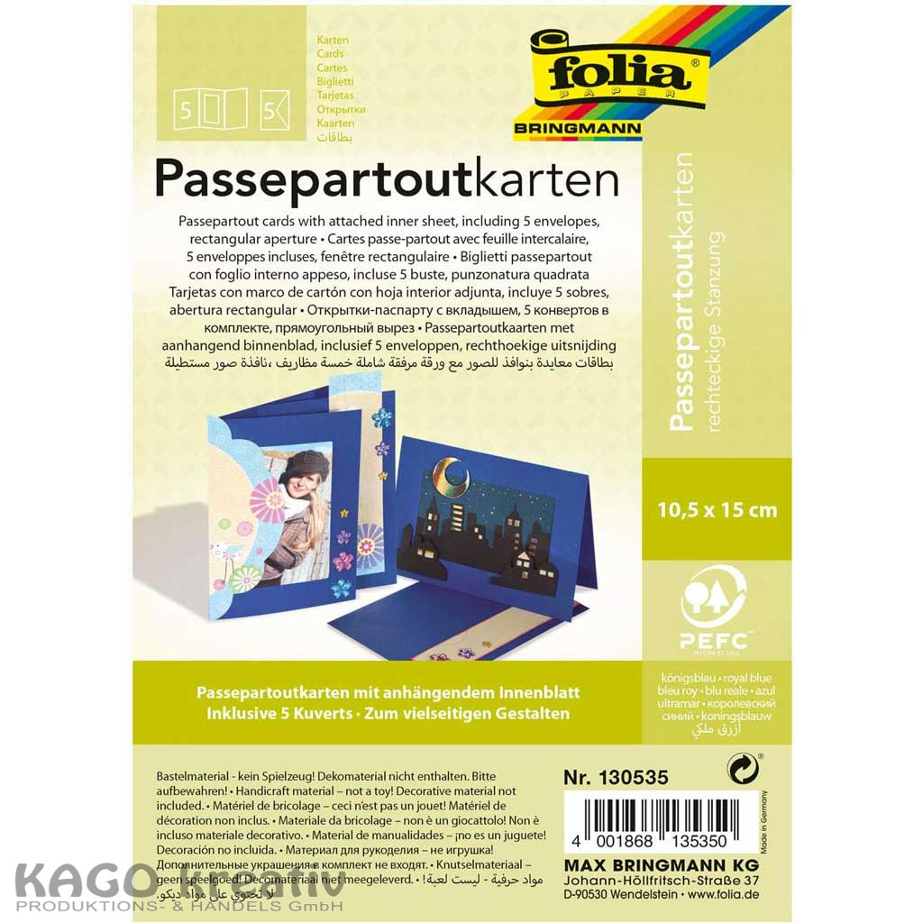 Passepartouts 220g/m², rechteck Stanzung 10,5x15cm,5 Karten+Kuverts, königsblau