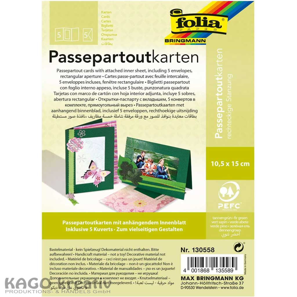 Passepartouts 220g/m², rechteck Stanzung 10,5x15cm,5 Karten+Kuverts, tannengrün