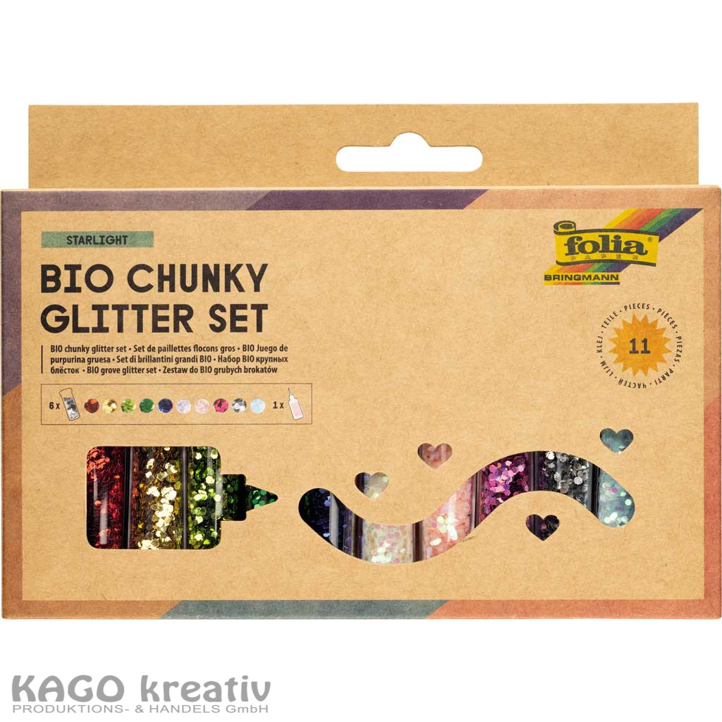 BIO Glitter-Set FLOCKEN 10 Dosen Dekomaterial, 1x Deko-Kleber 90g