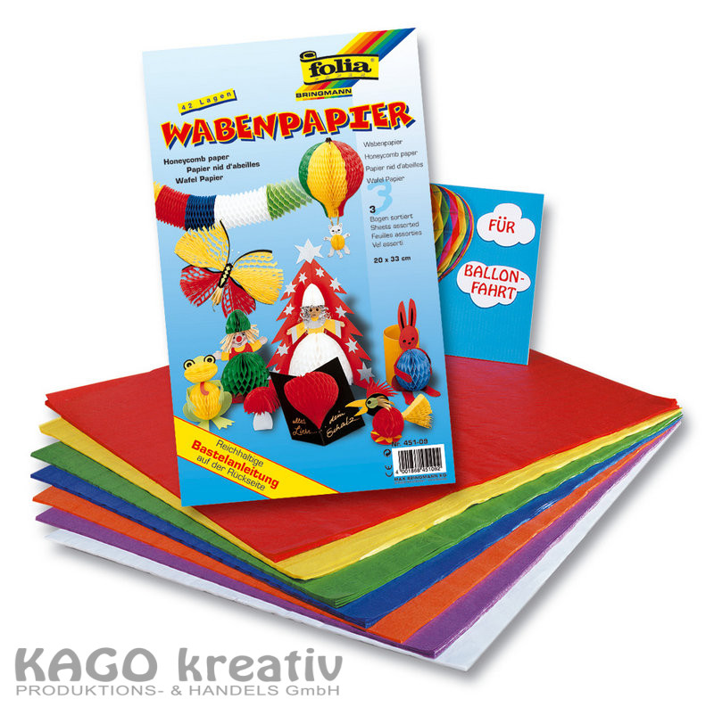Wabenpapier 30lagig, 33x40cm, 8 Bogen farbig sortiert in Grundfarben