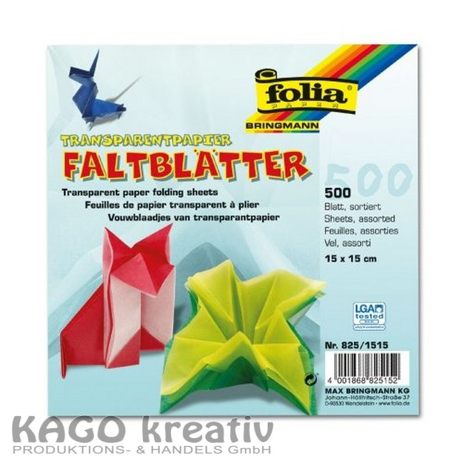 Transparentpapier-Faltblätter 42g/m² 15x15cm, 500 Blatt, farbig sortiert
