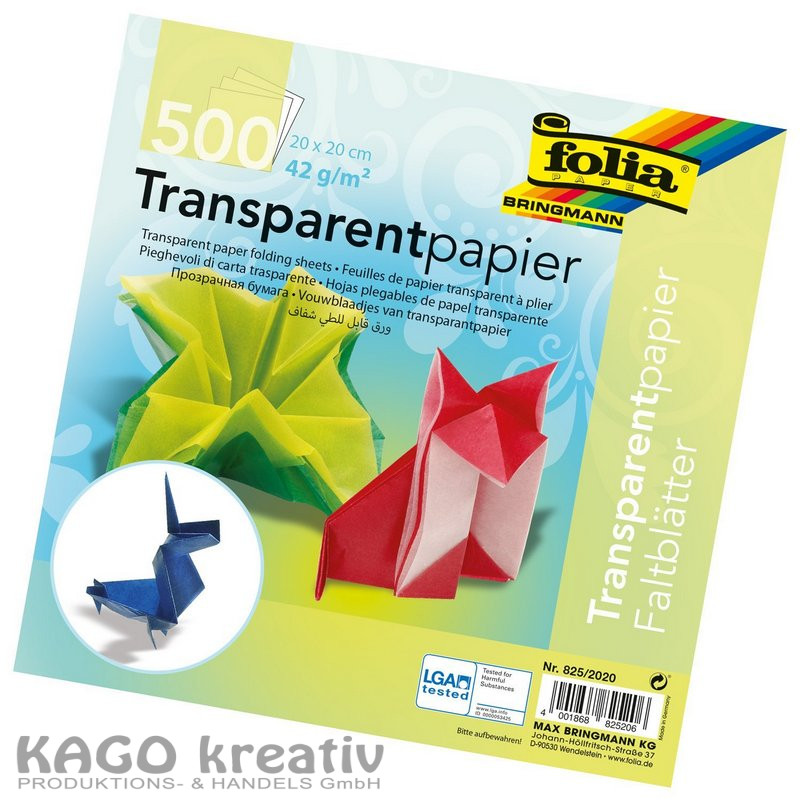 Transparentpapier-Faltblätter 42g/m² 20x20cm, 500 Blatt, farbig sortiert