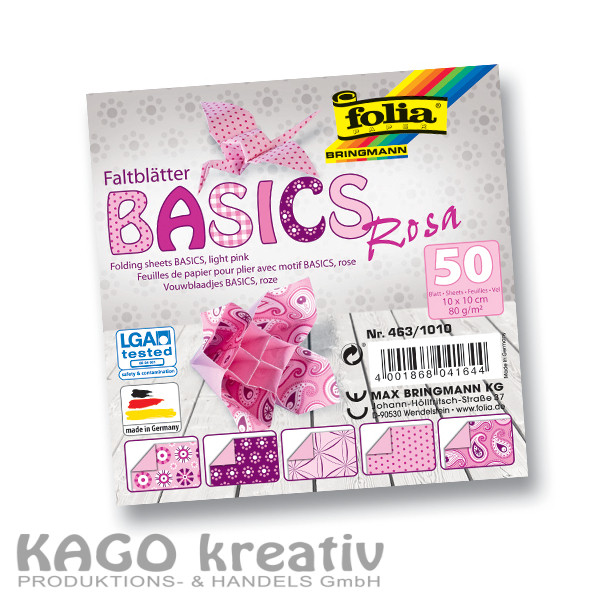 Faltblätter 80g/m², BASICS ROSA 20x20cm, 50 Blatt, 5 Motive sortiert