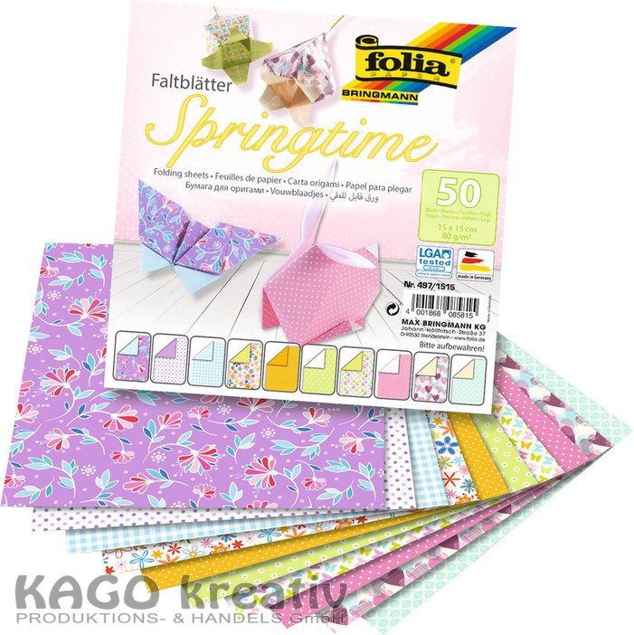 Faltblätter 80g/m², Springtime 15x15cm, 50 Blatt, 5 Motive sortiert