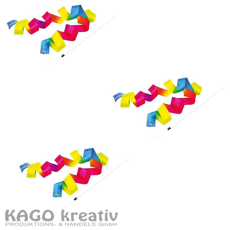 Regenbogenschwungband 3er Set Taftband am Kunststoffstab Maße: Band 200cm lang, 4cm breit