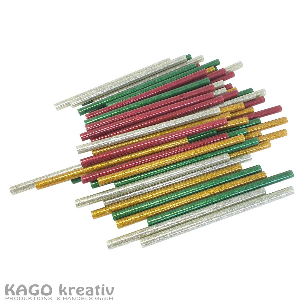 Heißklebestifte 200 x 11,2mm, ca. 1Kg Glitzer in den Farben gold, silber, rot, grün
