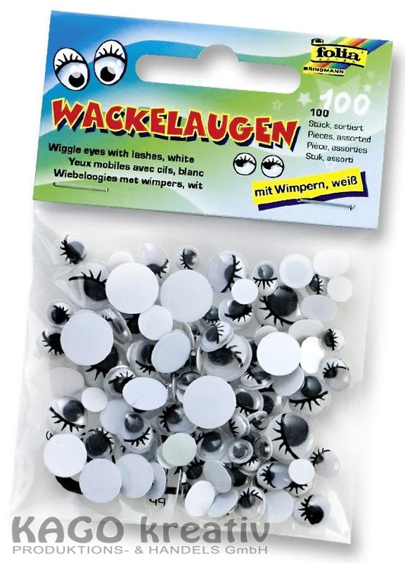Wackelaugen mit Wimpern, 100 Stück weiß, in 6 Größen sortiert