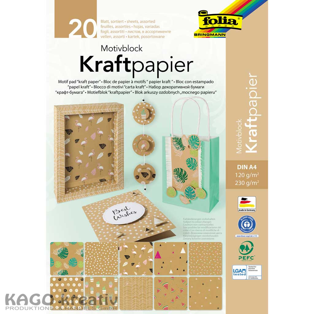 Motivblock KRAFTPAPIER, DIN A4, 20 Blatt sortiert Kraftkarton 230g/m² und Kraftpapier 120g/m²