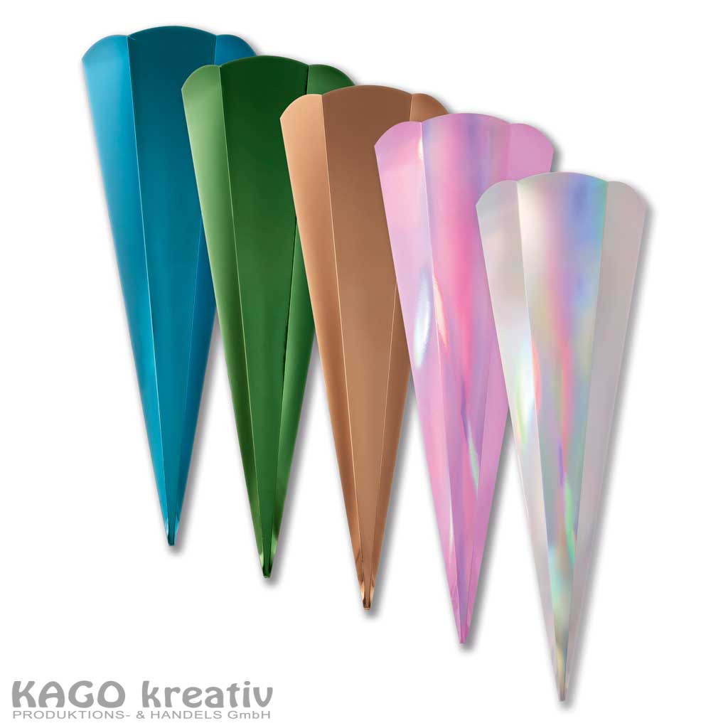 Metallic Schultüten Rohlinge, 400g/m², 5 Stück bunt gemischt, 65cm hoch, Ø19cm