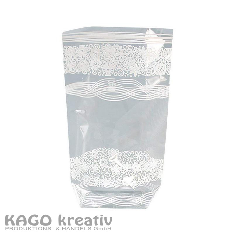 Zellglasbeutel mit weißem Spitzendruck 115x190mm, 10 Stück