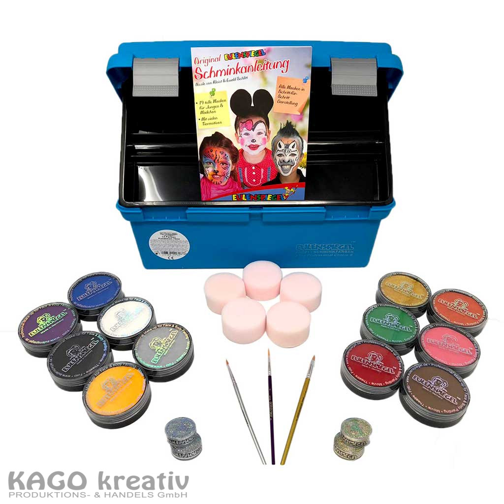 Eulenspiegel Profi-Schmink-Set mit 12 Farben + Glitzer und Anwendungsbuch