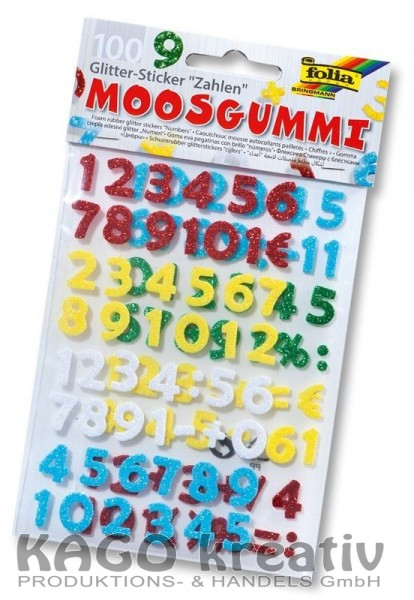Moosgummi Glitter-Sticker, 100 Stück Zahlen, farbig sortiert