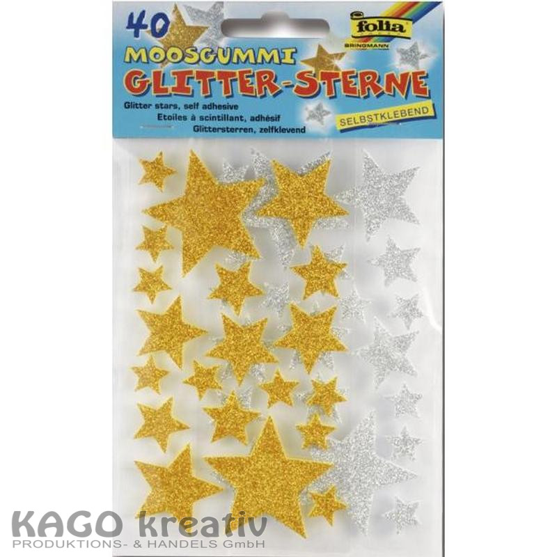 Moosgummi Glitter-Sticker, 40 Stück Sterne, gold/silber sortiert